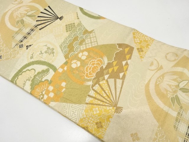 アンティーク　扇に花・古典柄織り出し丸帯（着用可）